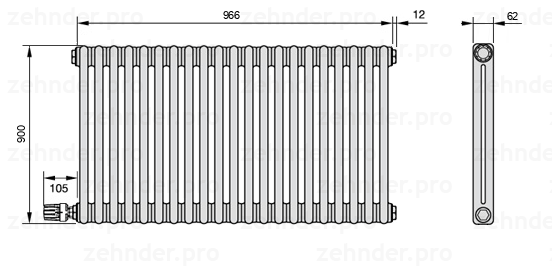 Схема (чертеж) Радиатор Zehnder Charleston 2090/21 №V004 Белый глянцевый RAL 9016